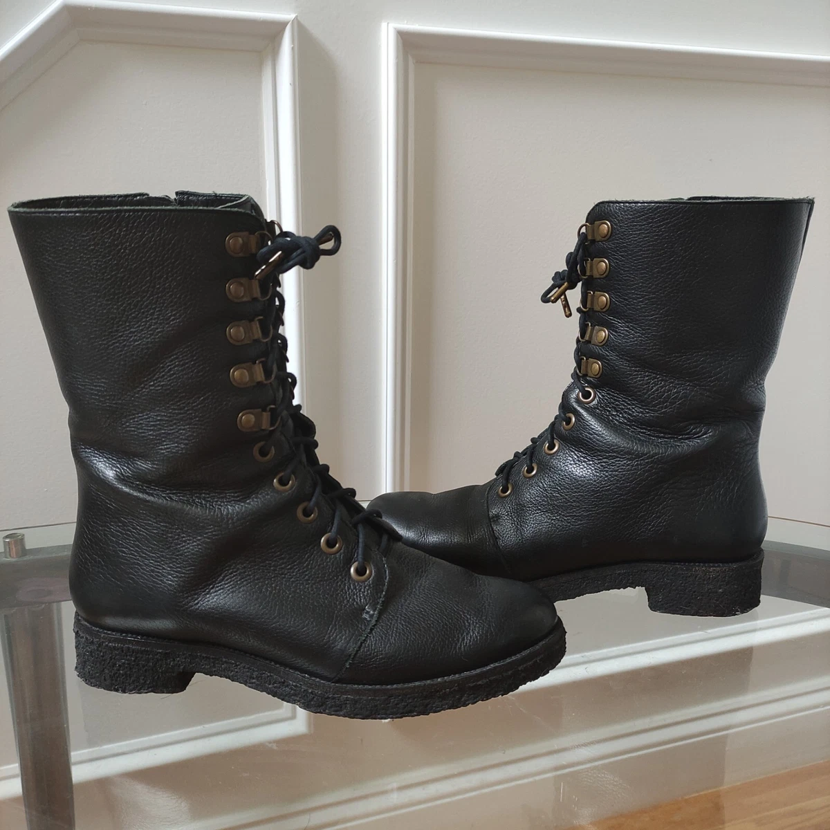 Diane Von Furstenberg Black Leather Combat Boots 7.5M eBay