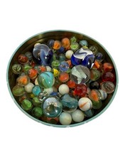 Vintage Mixed Glass Marbles Assortment In Metal Tin Various sizes and colors