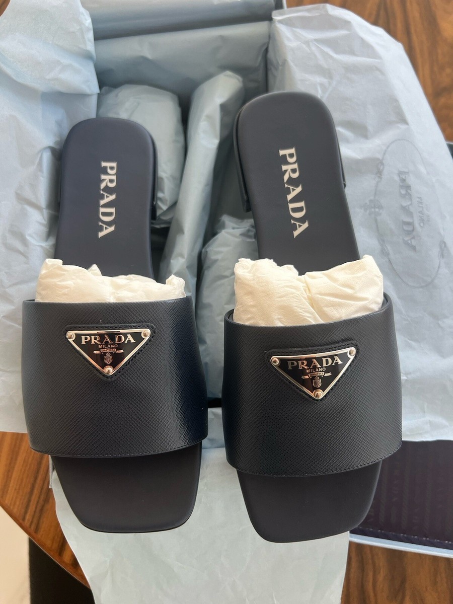 NEW Prada Saffiano Patent Leather Logo Flat Slide Sandals Navy Blue 38.5 -  $980 | eBay