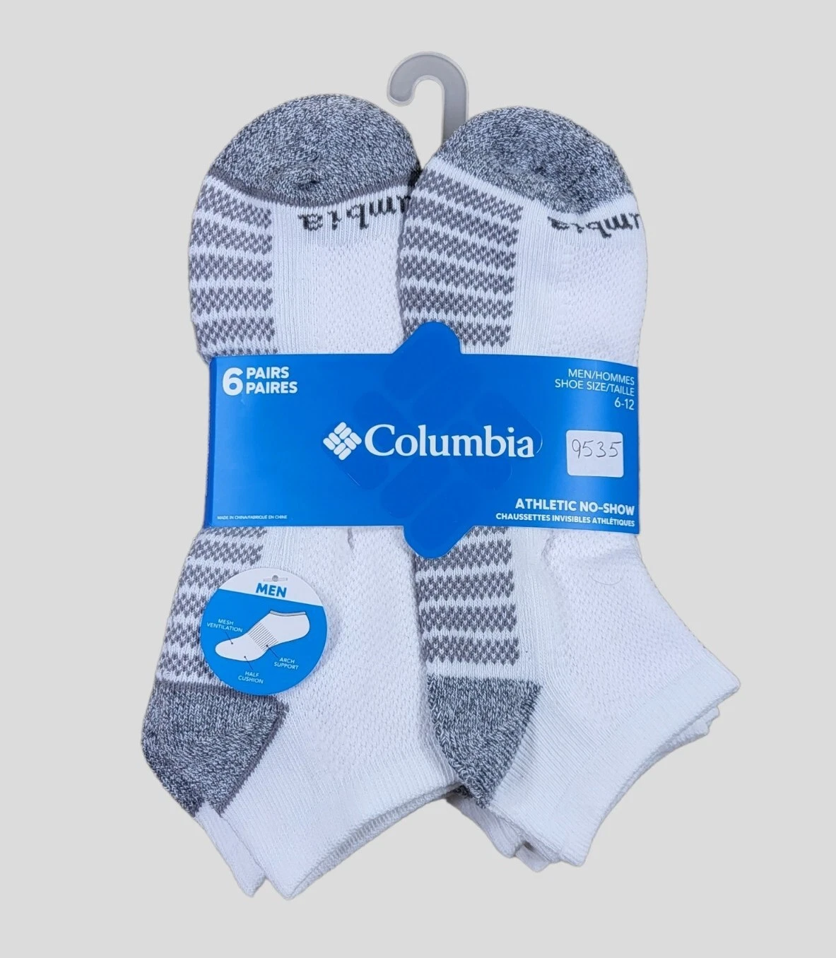 COLUMBIA Mens Socks No Show Cushioned Arch Support 6 Pair Shoe Size 6-12 White