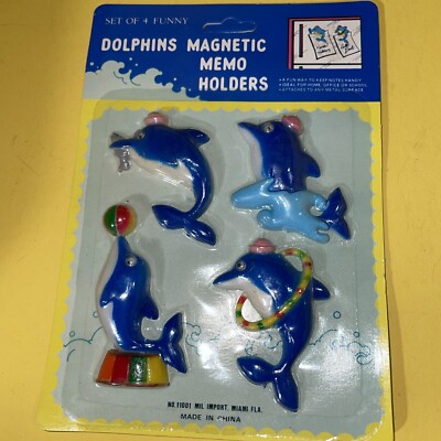 B8 Vintage Set Of 4 Googly Eyes Dolphins Magnetic Memo Holder Moc