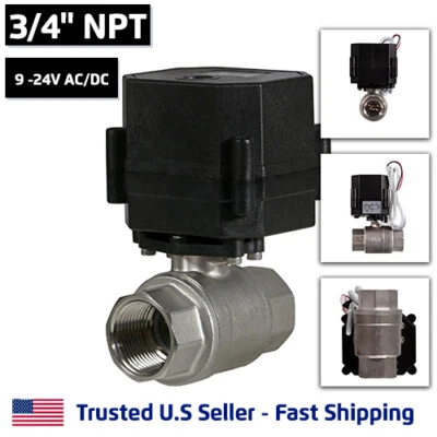 ATLANTIC VALVES 3/4" Stainless Steel Motorized Electric Ball Valve 9V 12V-24 Volt AC/DC, 2 Wire