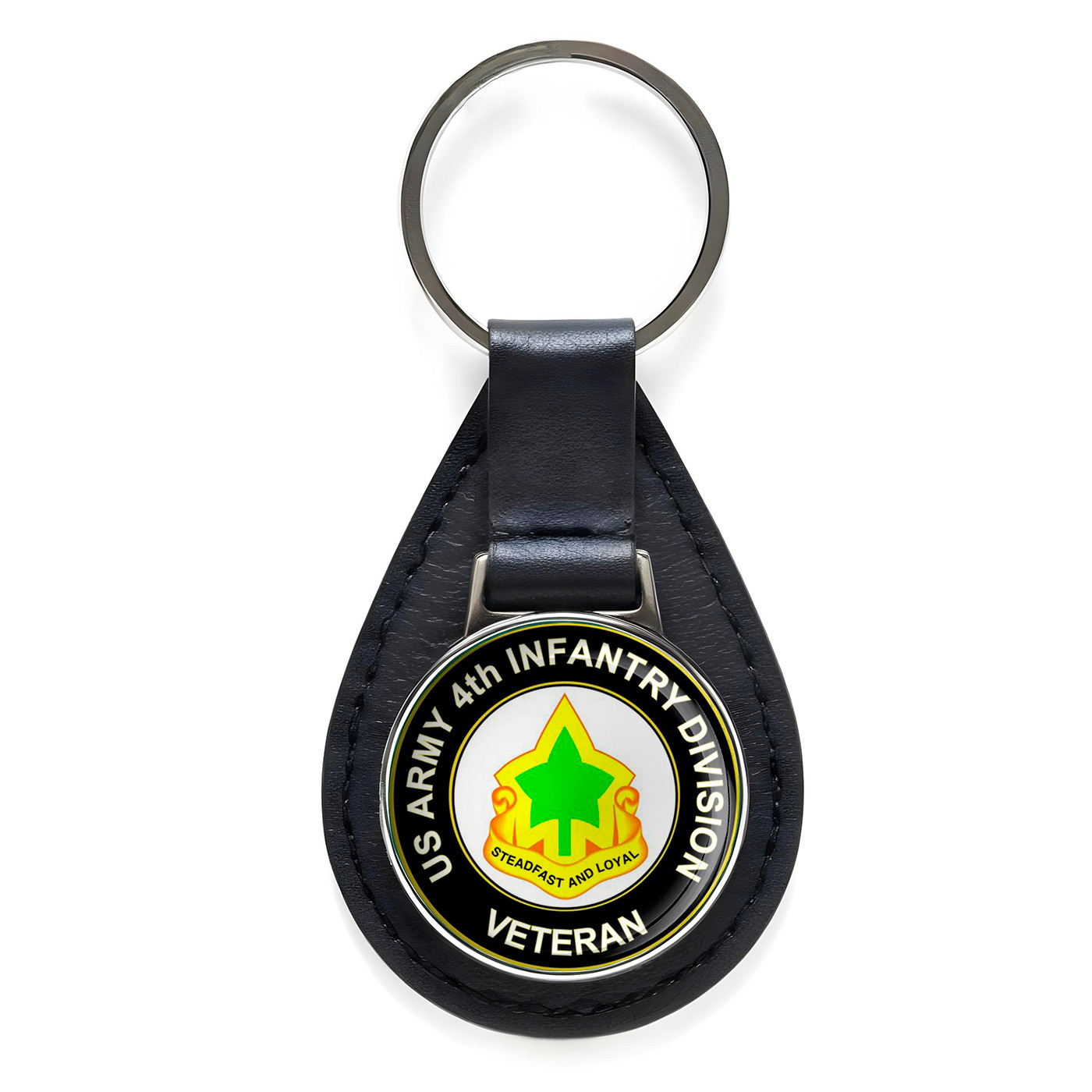 U.S. Army 4th Infantry Division Veteran Black Leather Keychain Silver Keyring