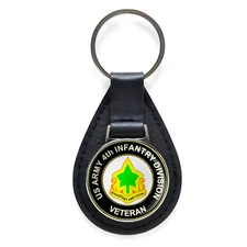U.S. Army 4th Infantry Division Veteran Black Leather Keychain Silver Keyring