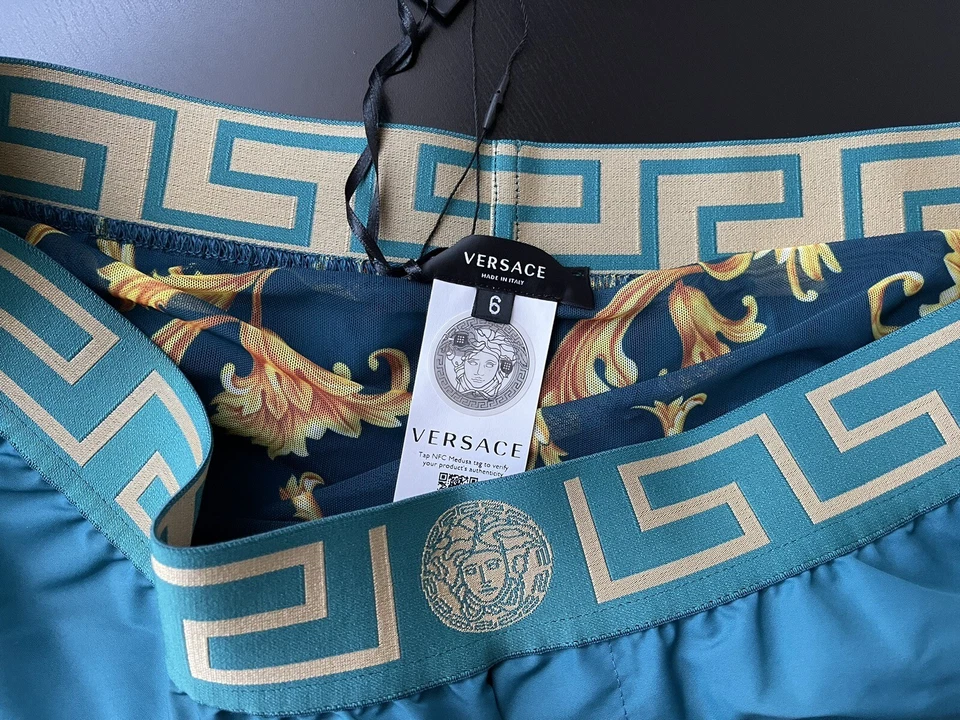 NWT Versace Mens Greca Border Swim Trunks Shorts Teal Blue Green Size 6 Large - Image 2 of 4