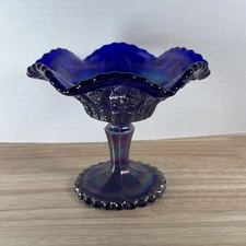 Imperial Blue Carnival Glass Pedestal Candy Bowl Trinket Dish Compote Cobalt