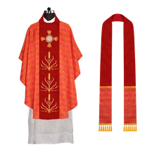 Red Gothic Chasuble Vestment with Intricate Embroidered Trims and Stole