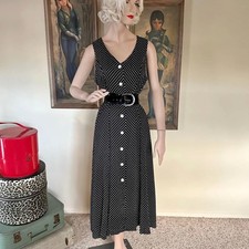 Vintage 80s/90s B W Polka Dot Button Midi Dress Pretty Woman Grunge L