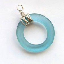 Artisan Handcrafted Blue Frosted Glass Wire Wrapped Open Circle Pendant