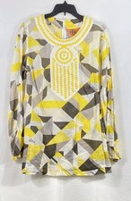 Tory Burch Women's Yellow Abstract Beaded Sequin Cotton Tunic Top Size 14
