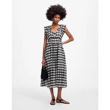 NWT Madewell Sheer V-Neck Dolman Maxi Dress in Gingham Black Size Small
