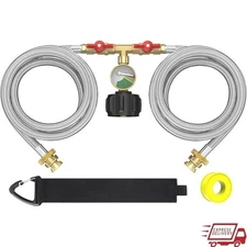 Upgraded 5ft Stainless Steel Propane 2 Way Splitter Hose W/ Shut Off Valve Gauge