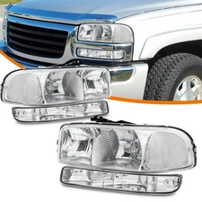 LH+RH Chrome Headlight + Bumper Lamps For 1999-2007 GMC Sierra Yukon 1500 2500
