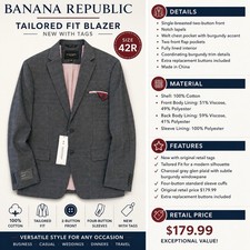 Banana Republic 42R Blazer Tailored Fit Gray Plaid Cotton NWT