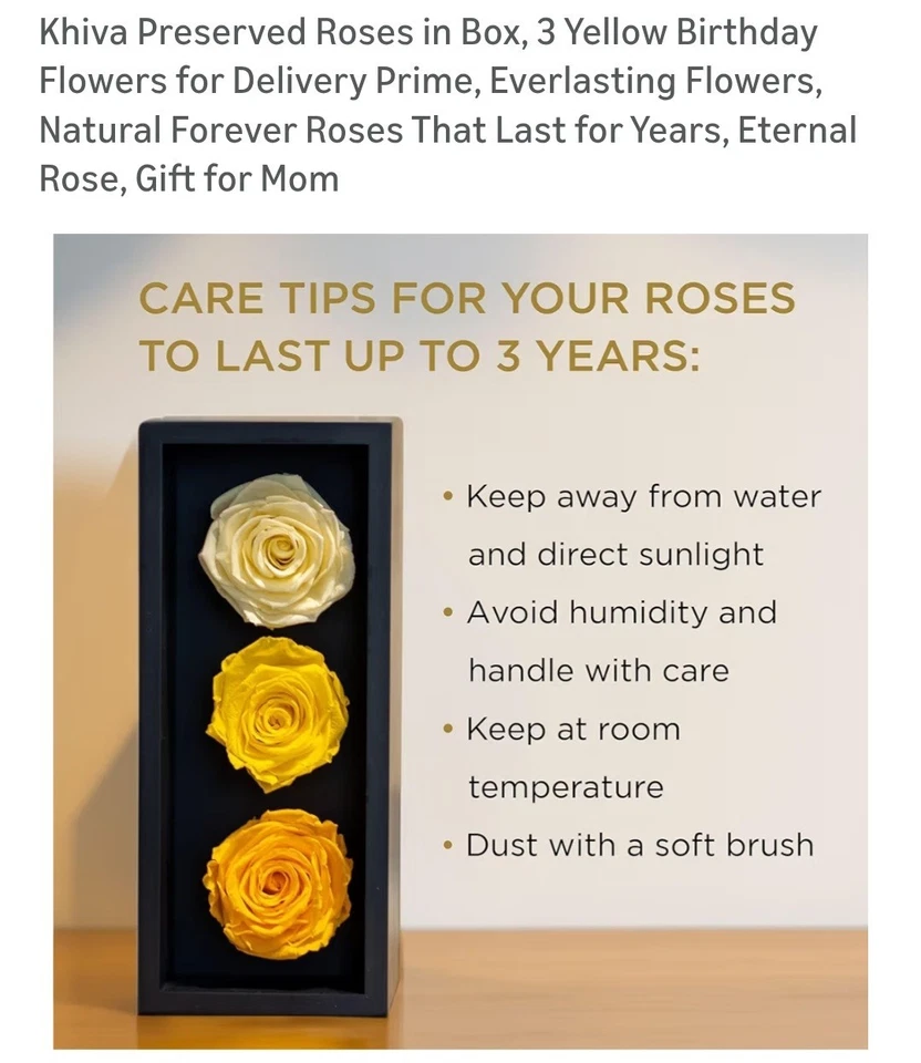 Khiva 3 brotes de rosas preservadas AMARILLO, PÁLIDO, BLANCO 9"×4"×3" en caja de madera Foto 4 de 4
