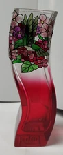 JOAN BAKER DESIGNS Hand Painted Wavy Bud Vase Hummingbird Hydrangeas 7.5"w/Box