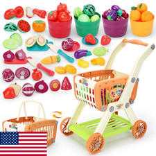 Kids Shopping Cart w/ Cutting Play Food Set for Kitchen - 2-in-1 Pretend Play To