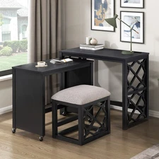 【US】Desks and Stool Set 3pc Black Finish Rolling Desk w/Casters,2 Charging port