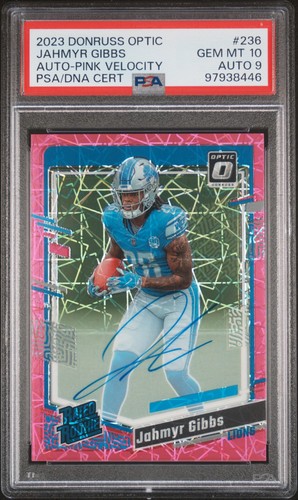 2023 Donruss Optic Pink Velocity Auto Rc Jahmyr Gibbs 9/50 PSA 10