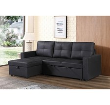 Newport Leather 3 Seater Pullout Sofa Bed with Storage Compartment-BLACK