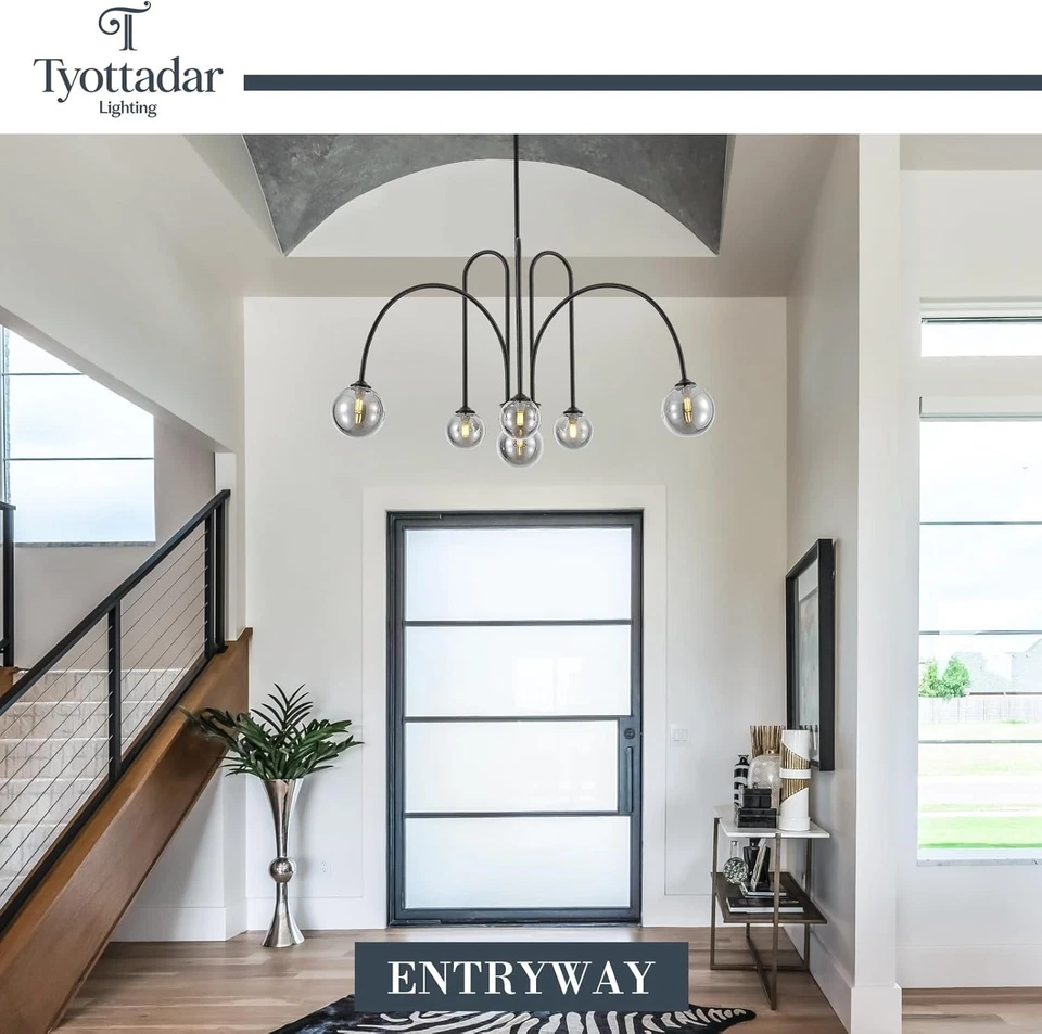 6-Light Modern Sputnik Chandelier Black w/ Smoked Glass Globes Adjustable Height - Image 3 of 4