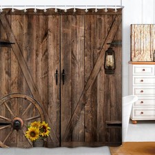 Rustic Barn Door Shower Curtains,Brown Wooden Bath Curtain,Farmhouse Vintage