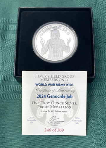 1oz 2024 Genocide Jab Proof + COA BOX Silver Shield Vaxxed ONLY 369 Minted Vax - Picture 19 of 24