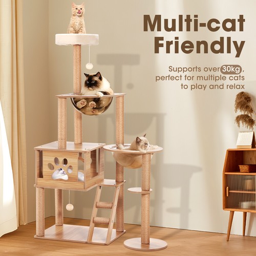 Petzly Wooden Cat Tree Tower Scratching Post Scratcher Condo House Bed 143/150cm - Picture 5 of 26
