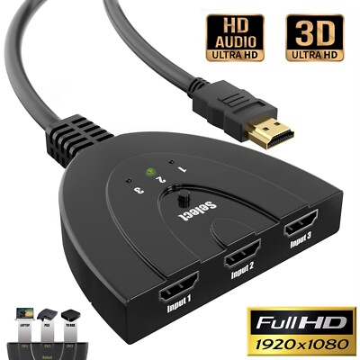 HDMI Splitter 3in1 Switch Kabel Adapter Verteiler Umschalter Hub Full HD 1080P