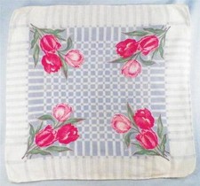 Hankie Pink Tulips Blue  White Cotton Retro 1950s Pretty Vintage
