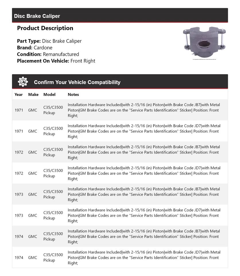 For 1971-1974 GMC C35/C3500 Pickup Disc Brake Caliper Front Right Cardone 1972 - Image 2 of 4