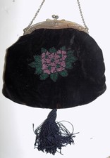 Early Antique Black Velvet Beaded Floral Purse Dutch Scene Frame Tassel