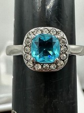 Aquamarine silver ring princess stainless steel  lab created diamonds