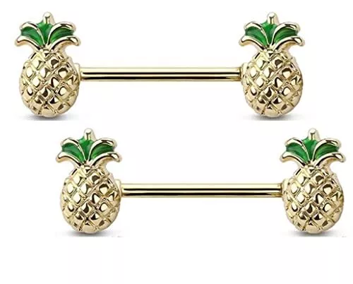 Body Accentz 14g Golden Pineapple Ends Nipple Ring Nipple Bar 1.6