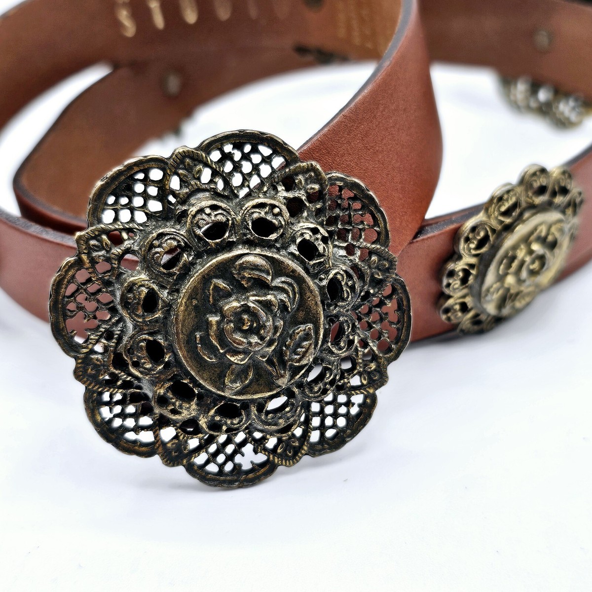 New York Studio Leather Belt Women Sz Small Rose Flower 