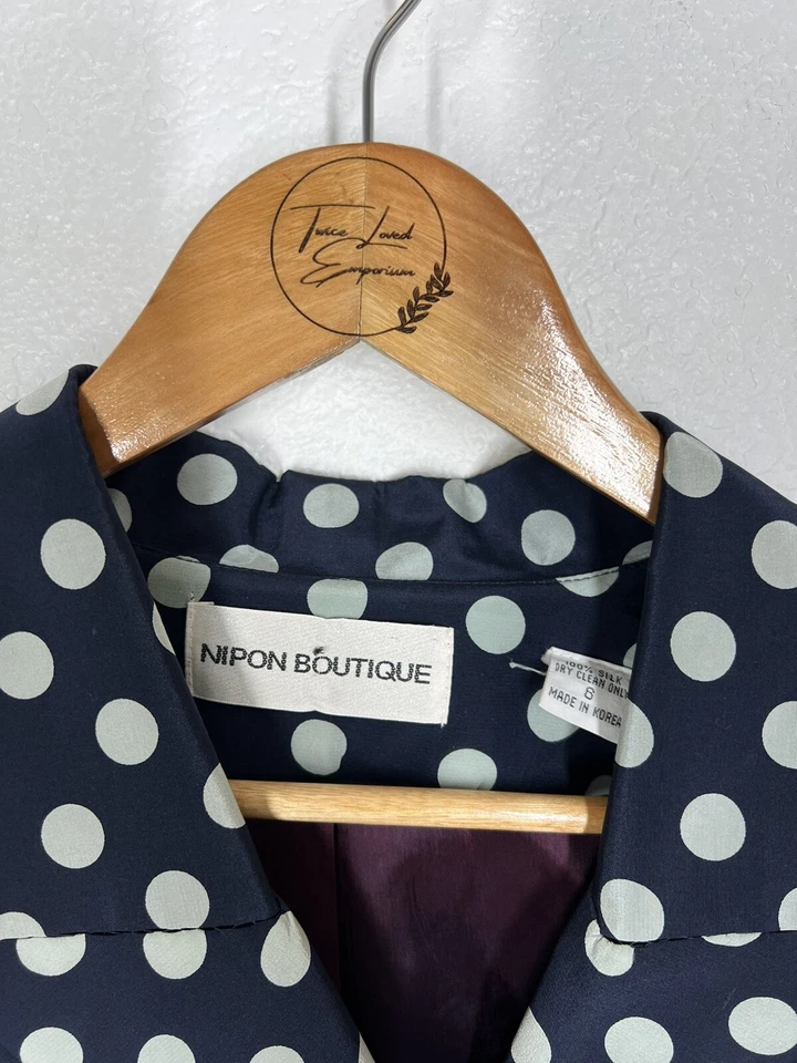 Vestido Nipon Boutique Lunares Seda Talla 6 Vintage Años 80 Azul Marino Blanco Náutico Foto 4 de 4