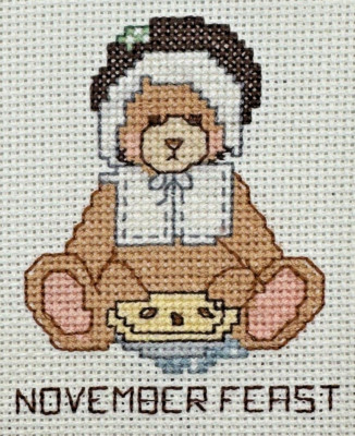 Cross Stitch November Feast Teddy Bear Monthly Calendar Finished Piece