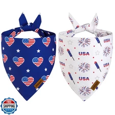 THLOH 4th of July Dog Bandanas - 2 Pack Reversible American Flag Pet Scarf fo