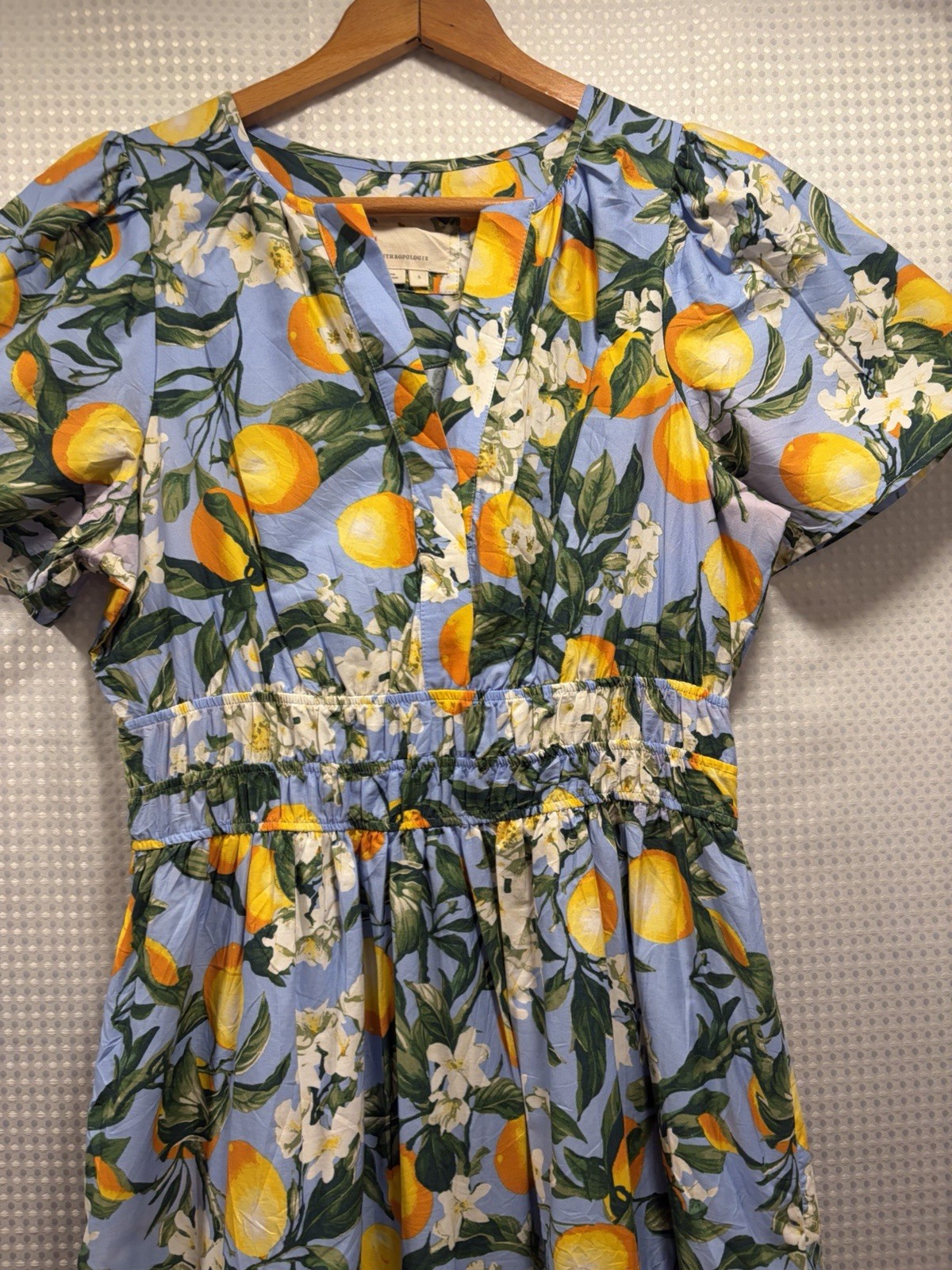 Anthropologie Blue Floral Smocked Midi Dress Pockets V-Neck Puff Sleeve S