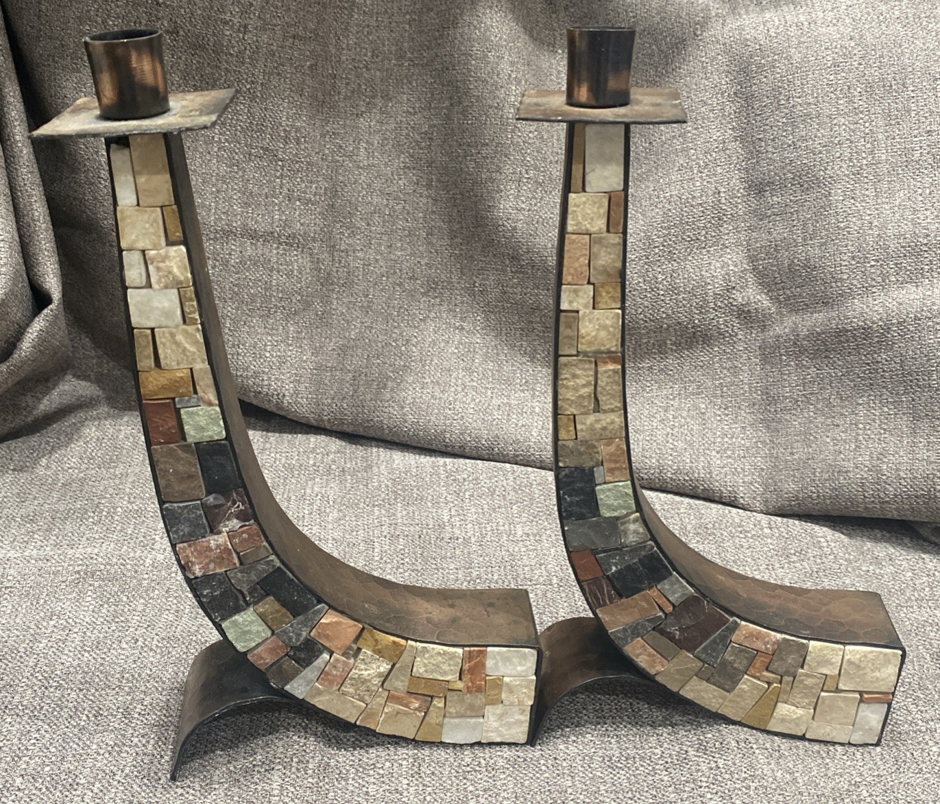 Pair of Eilon Mosaics arched stone-mosaic inlay candlesticks
