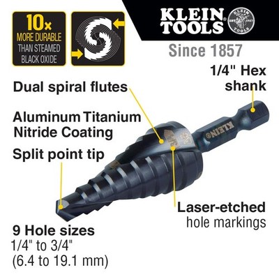 Klein Tools QRST03 Step Drill Bit Quick Release, Double Spiral Flute, 1/4 to 3/4