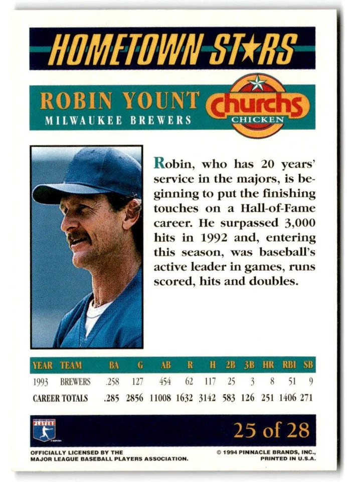 1994 Pinnacle Church's Hometown Stars #25 Robin Yount - Image 2 of 2