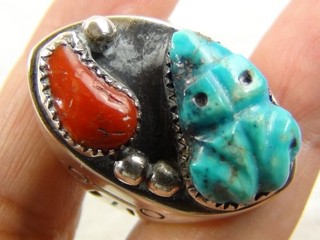 Heavy 35g 1.25" Ring Native Sterling Silver Fetish Frog Turquoise Coral 11 Zuni