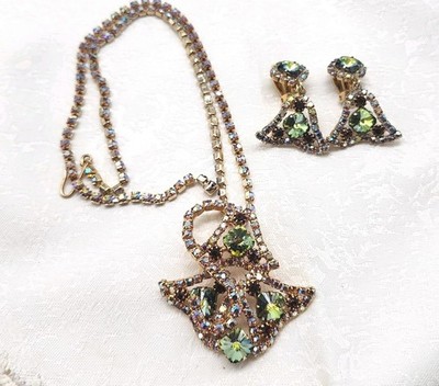 VTG Juliana Watermelon Rivoli AB Rhineston Leaf Pendant Necklace & earrings set