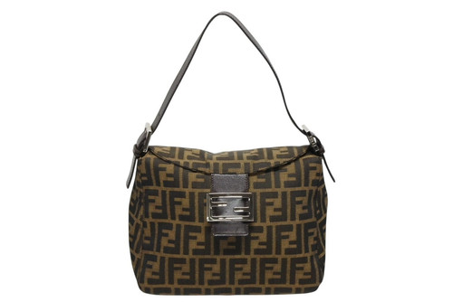 FENDI Mamma Baguette Shoulder Bag Zucca Pattern Brown Canvas Leather Silver