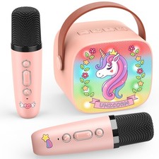 Unicorn Karaoke Microphone Machine Toys: Colorful LED Portable Bluetooth Pink