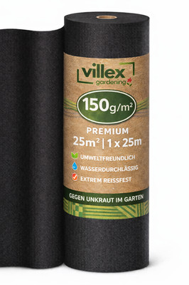 Unkrautvlies 150g/m² 25m x 1m   reißfest & wasserdurchlässig  Gartenvlies Villex