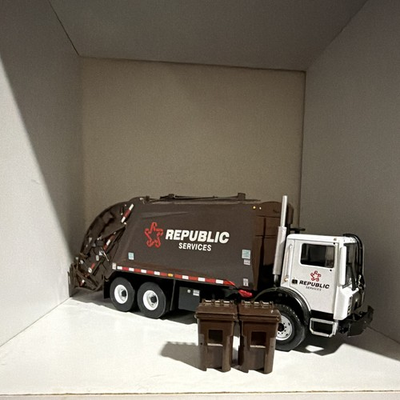 #ad Republic Services Diecast Garbage Truck Brown White Black w 2 Trash Bins $270.00