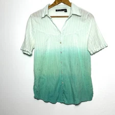 Club Z Collection Shirt Women's 1X Green White Ombre Short Sleeve Button Up Top