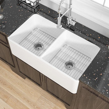 33" Farmhouse Double Bowl Sink - White Apron Front Fireclay Kitchen Sink